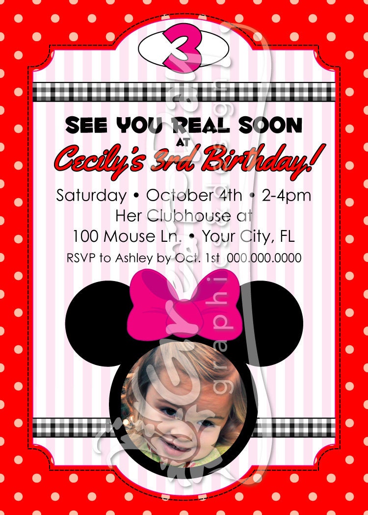 Custom Stylized Minnie Mouse Invitation with Photo or Three Letter Monogram