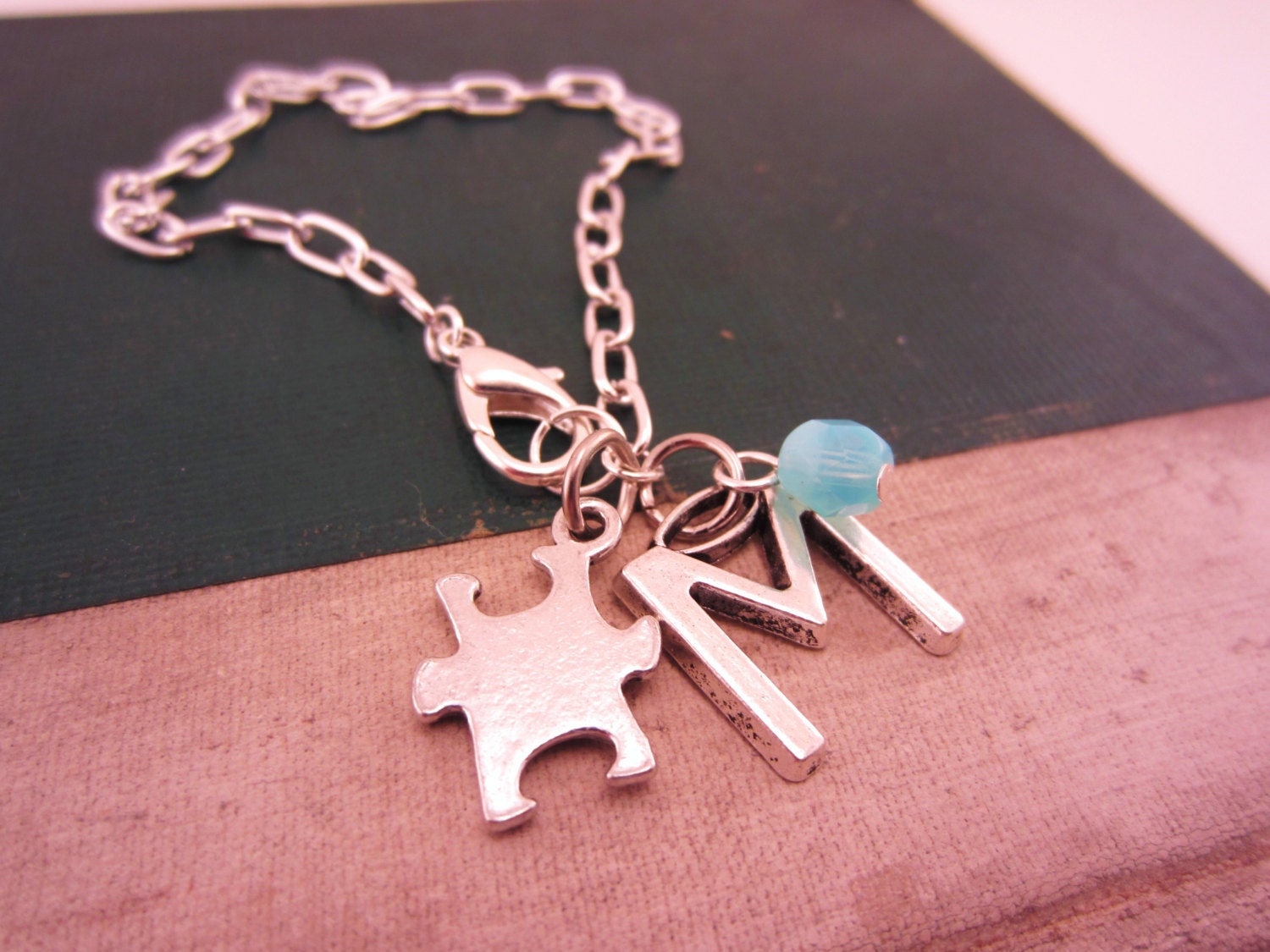 Puzzle piece friendship bracelets. Pewter puzzle piece, custom initial charms, choice of Czech glass bead. Silver.