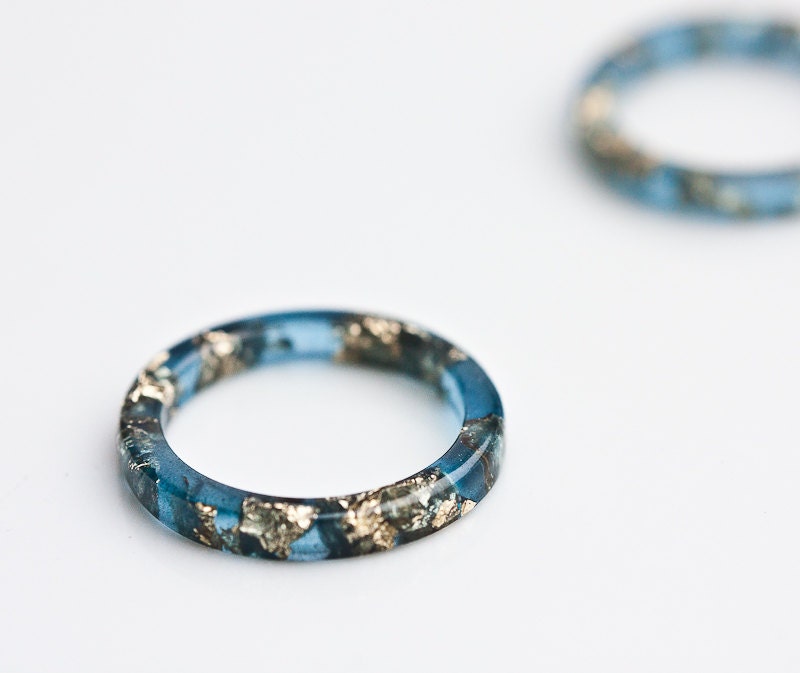 Resin Stacking Ring Sapphire Blue Gold Flakes Thin Smooth Ring OOAK dark midnight blue glam minimalist jewelry rusteam