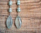 Mint Long Dangle Earrings Fluorite Pearl Sterling Silver pastel light blue seafoam wedding bridal jewelry rustic rusteam
