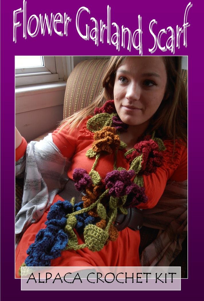 Crochet Kit, Flower Garland Scarf, Alpaca Silk Yarn, Pattern