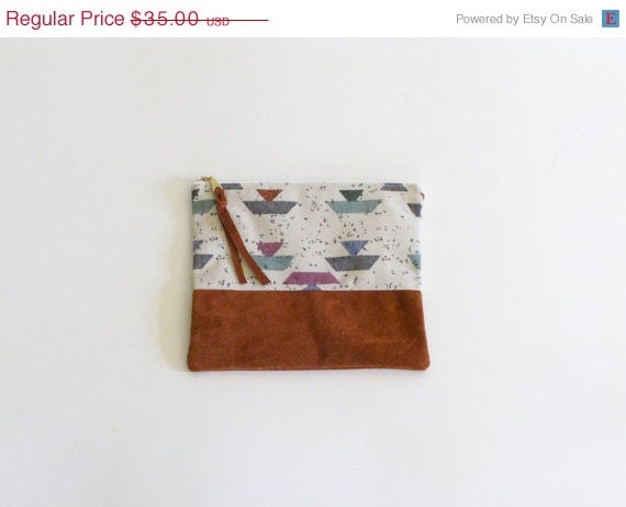 ON SALE Small Suede & Vintage Geometric Print Cotton Zipper Pouch
