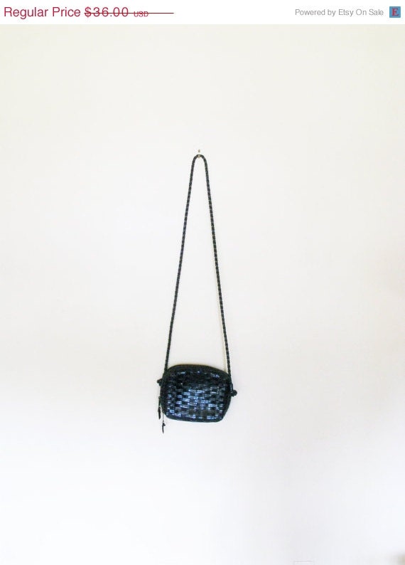 ON SALE Vintage Black Woven Leather Cross Body Bag