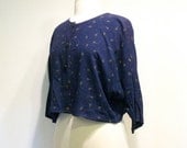 ON SALE Vintage Navy Blue Rayon Floral Batwing Crop Top