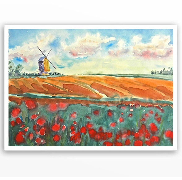 Dutch Tulip Farm - Watercolor Painting Print - The Nederlands, Wind Mill, Garden - Red, Green, Home Decor, Wall Decor, Dorm 13.5 x 10.5