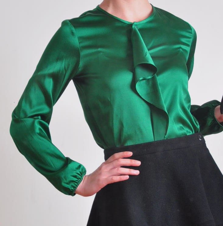Emerald Green Pure Silk Satin Ruffles Long Sleeves Blouse