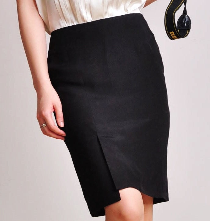 Black Silk Lady Knee Asymmetrical Pencil Skirt