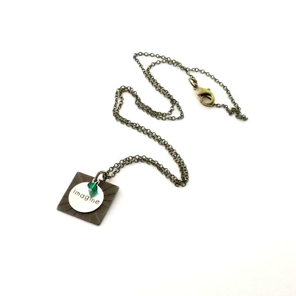 Imagine Necklace Antique Brass Square Silver Charm Swarovski Emerald