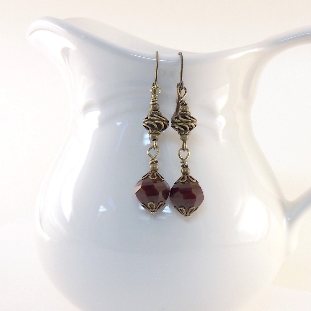 Cordovan Brown Earrings Antique Brass Lever Back
