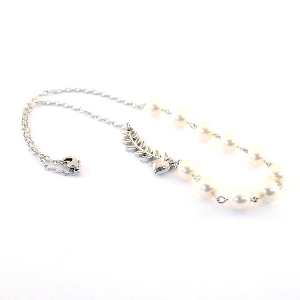 Champagne Pearl Necklace Glass Pearls Silver Leave Heart Beaded Choker