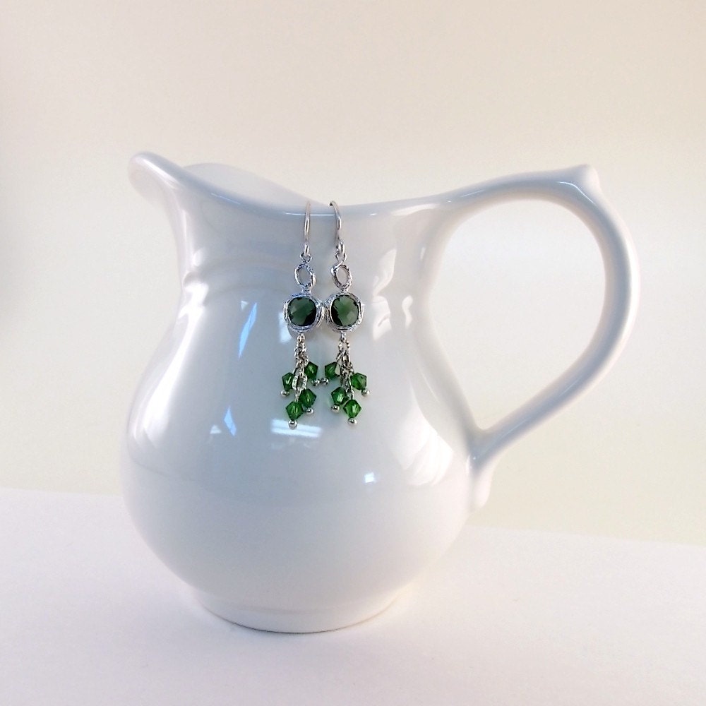 Swarovski Emerald Earrings Brushed Silver Wire
