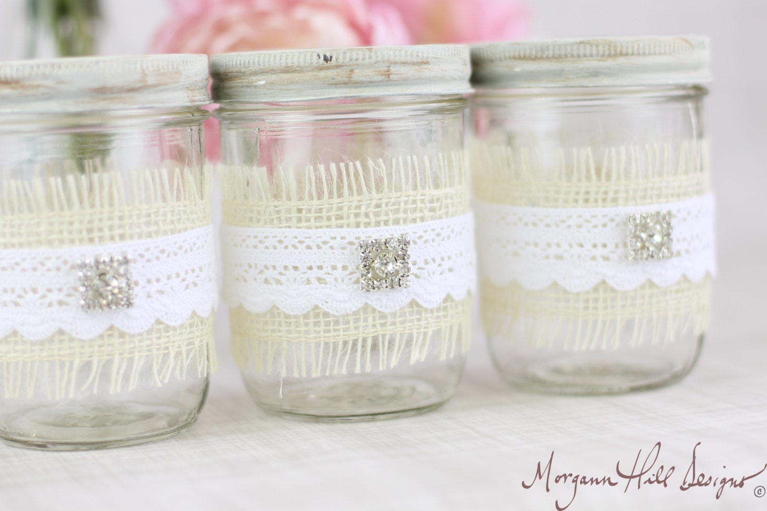 Mason Jar Wedding Centerpieces Vases with Burlap Lace Rhinestones Rustic Country Wedding Decorations SET OF 6 (Item Number 130103)