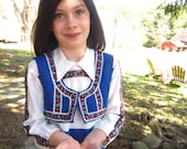 Vintage 1960s Folk Flower Ric Rac Trimmed Girl White and Blue Dress with Vest
