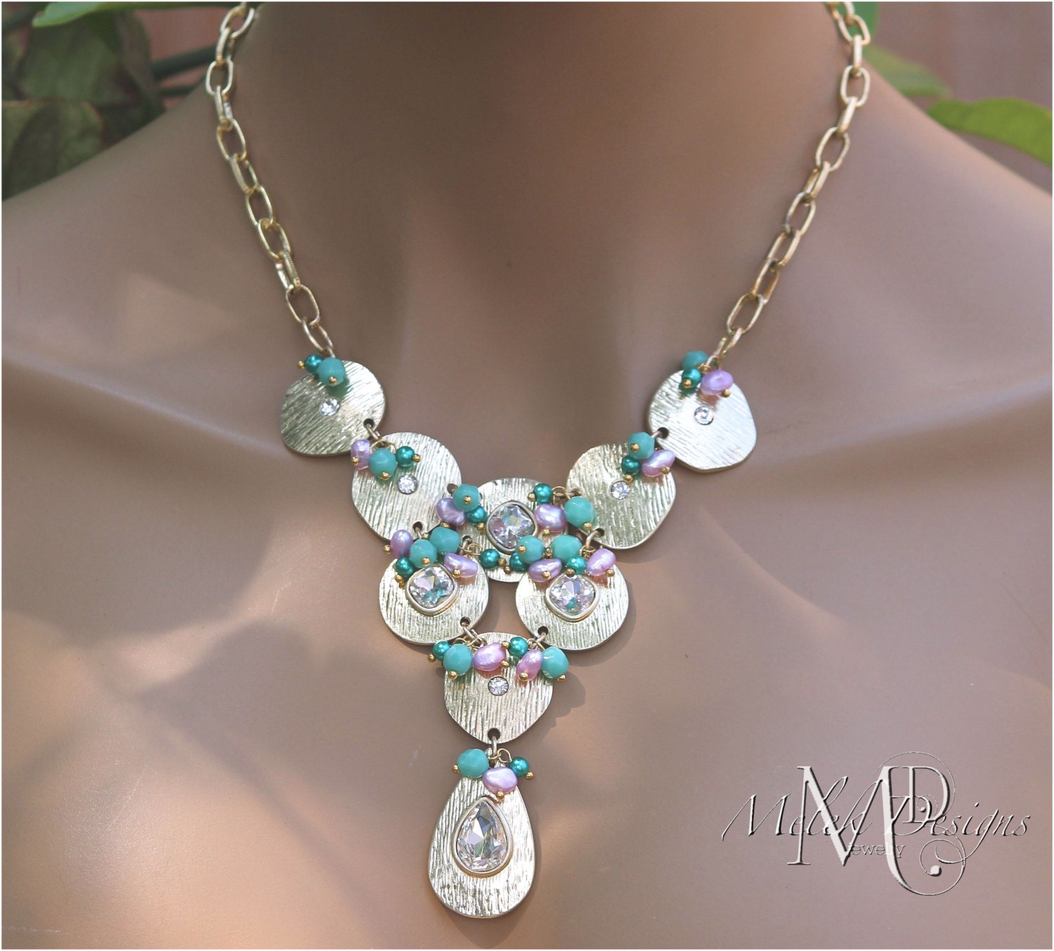Textured Gold and Rhinestone Freshwater Pearl and Turquoise Bib Necklace