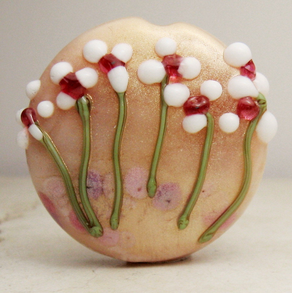 Lampwork Glass Bead, Peach Lentil Focal White Flowers 'Wildflower Garden'