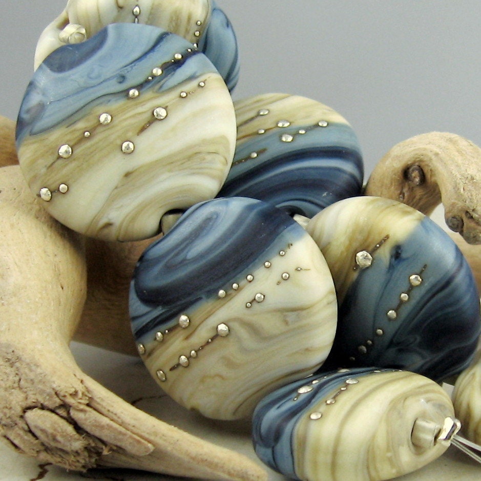 Handmade Lampwork Glass Bead Set of 7,  Lentil Blue Beige Silver - Etched  'Denim Shirt' Made to Order