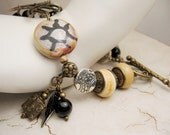 Handmade Lampwork Bracelet with Antique Brass Bird, Mixed Metal Silver Brass Beaded Jewelry 'Free Bird'