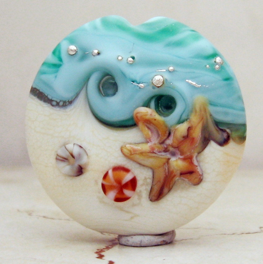 SRA Lampwork Glass Bead -  Lentil Focal  Aqua Ivory Ocean Beach with Starfish