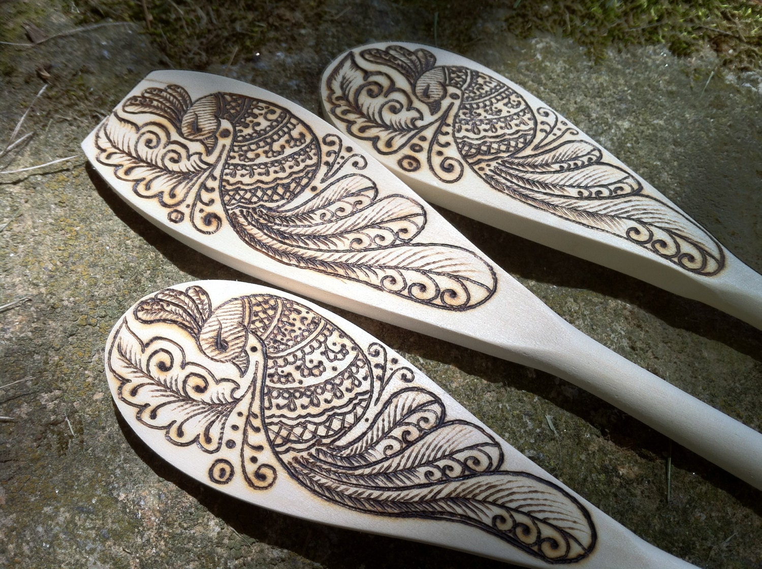 Ornate Peacock with Leaf Henna Inspired Wooden Spoon Set - Made To Order