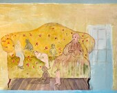 Large Original Painting expressionist canvas 40x24 mixed media characters, green ocher pink Modern wall Spanish Art By Ana Gonzalez