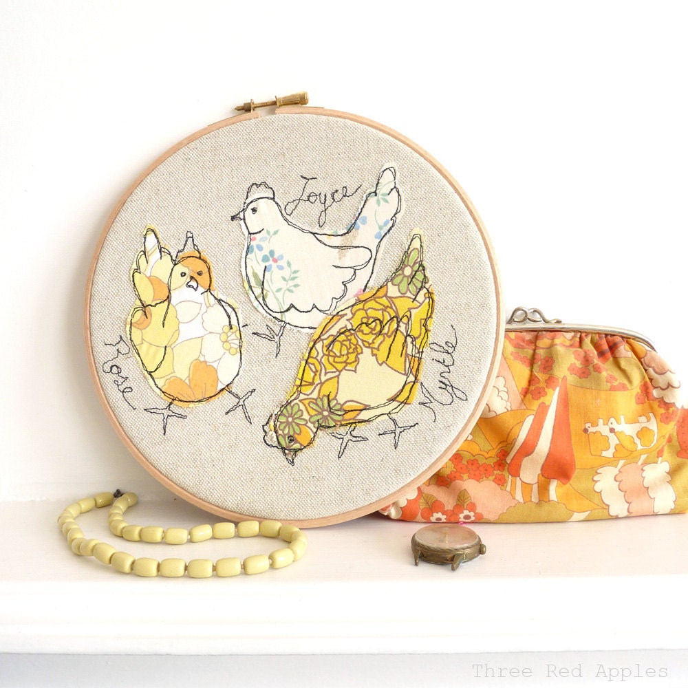Embroidered Hoop Art - 'Rose, Joyce & Myrtle' chickens textile artwork in yellow - 8" hoop