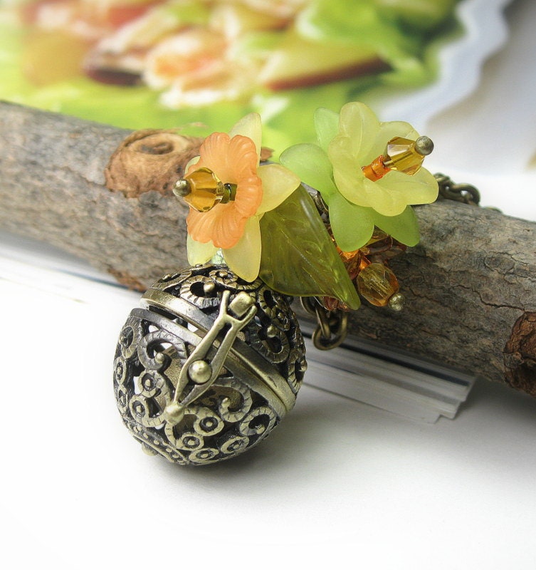 Wish Box, Pendant Necklace, Inspirational, Filigree, Antiqued Bronze, Religious, Floral, Orange, Yellow, Green, Gifts for Mom