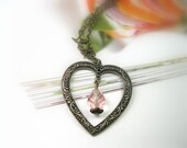 Vintage Style Dusty Rose Czech Glass Swarovski Heart Pendant Necklace, Antiqued Brass, Bridal Jewelry, Romantic Jewelry, Mothers Day - jewelrybyNaLa Vintage Style Dusty Rose Czech Glass Swarovski Heart Pendant Necklace, Antiqued Brass, Bridal Jewelry, Romantic Jewelry, Mothers Day - jewelrybyNaLa