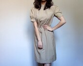Casual Beige Dress Short Puff Sleeve Knee Length Vintage 1970s 70s - Large L