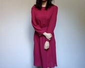 Sheer Pinstripe Dress Dark Magenta Long Sleeve Vintage 70s Knee Length - Medium. M