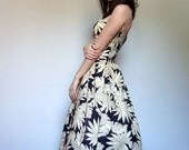 Leaf Print Dress Strapless Sweetheart Neckline Full Circle Skirt Beige Black Sundress Pockets - Medium. M
