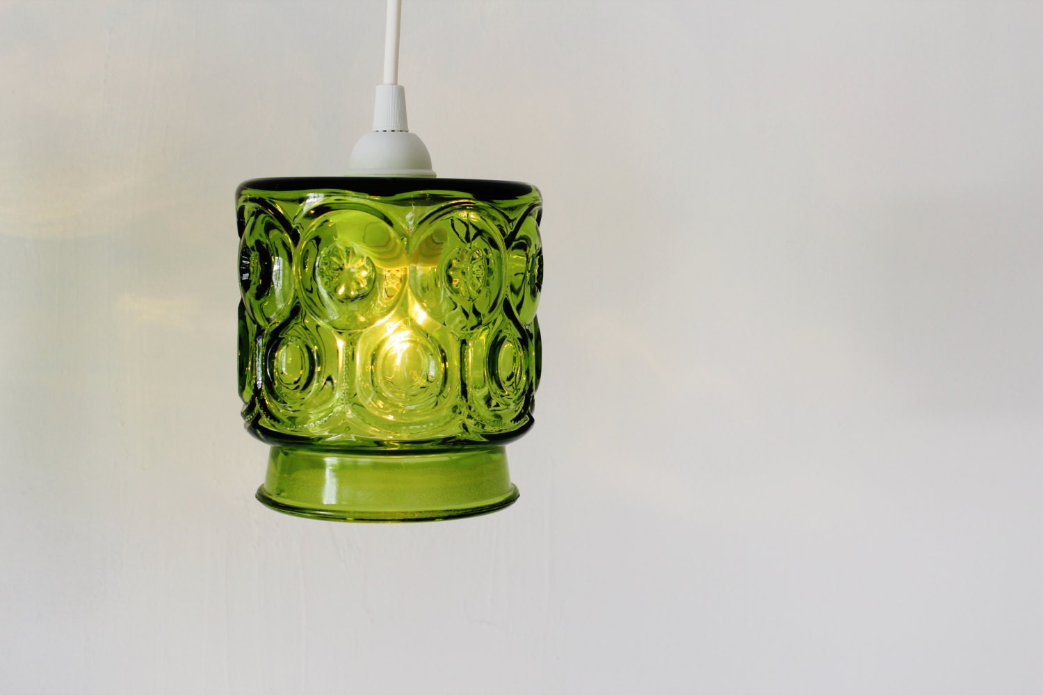 VERDE - Upcycled Hanging Pendant Lighting Fixture made from a Vintage Green Stars and Moons Glass Kitchen Canister - OOAK BootsNGus Lamp