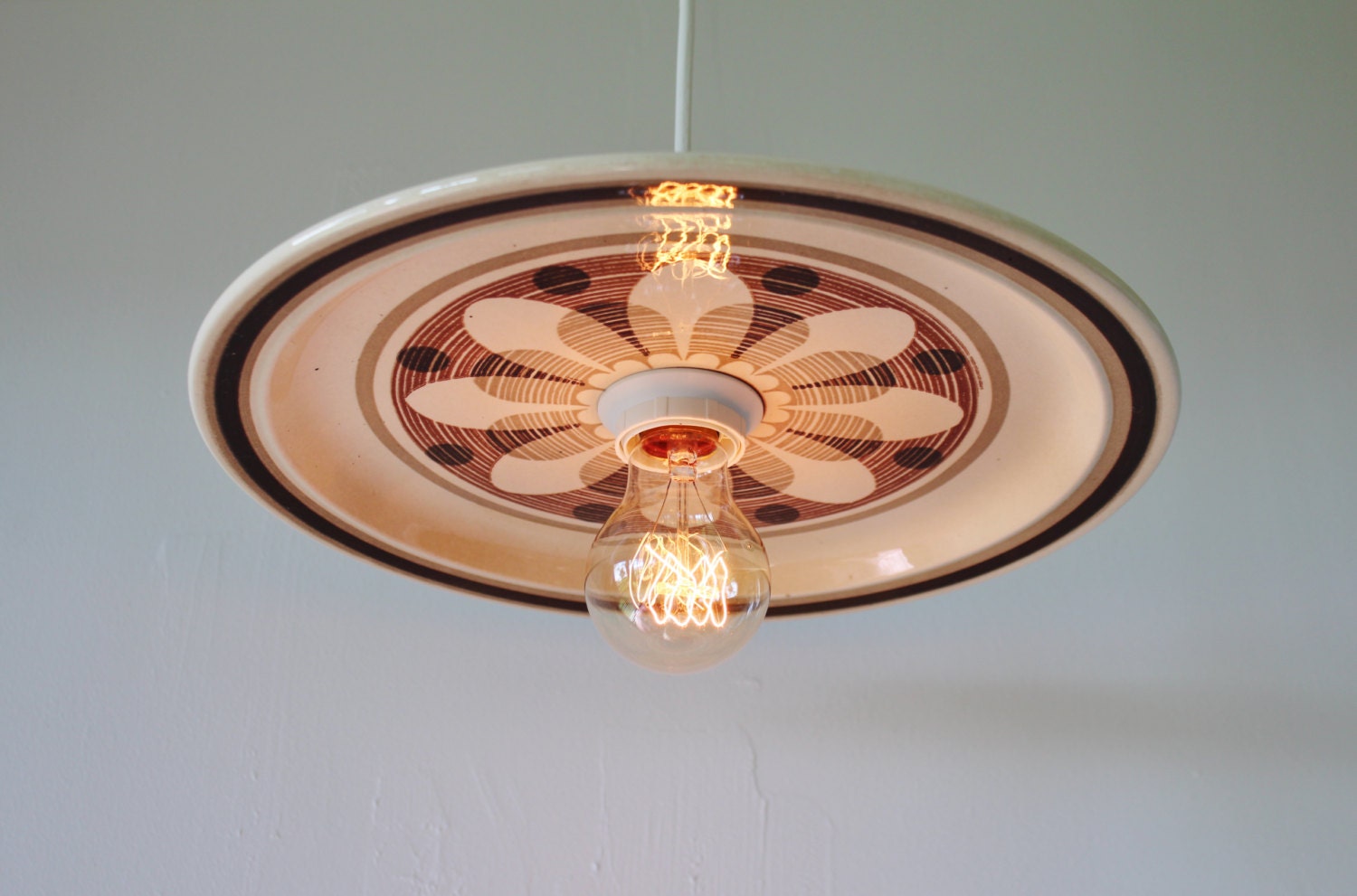 Plate Light - Upcycled Hanging Pendant Lamp featuring a Vintage Royal China SAHARA Pattern Chop Platter - OOAK BootsNGus Lighting Fixture