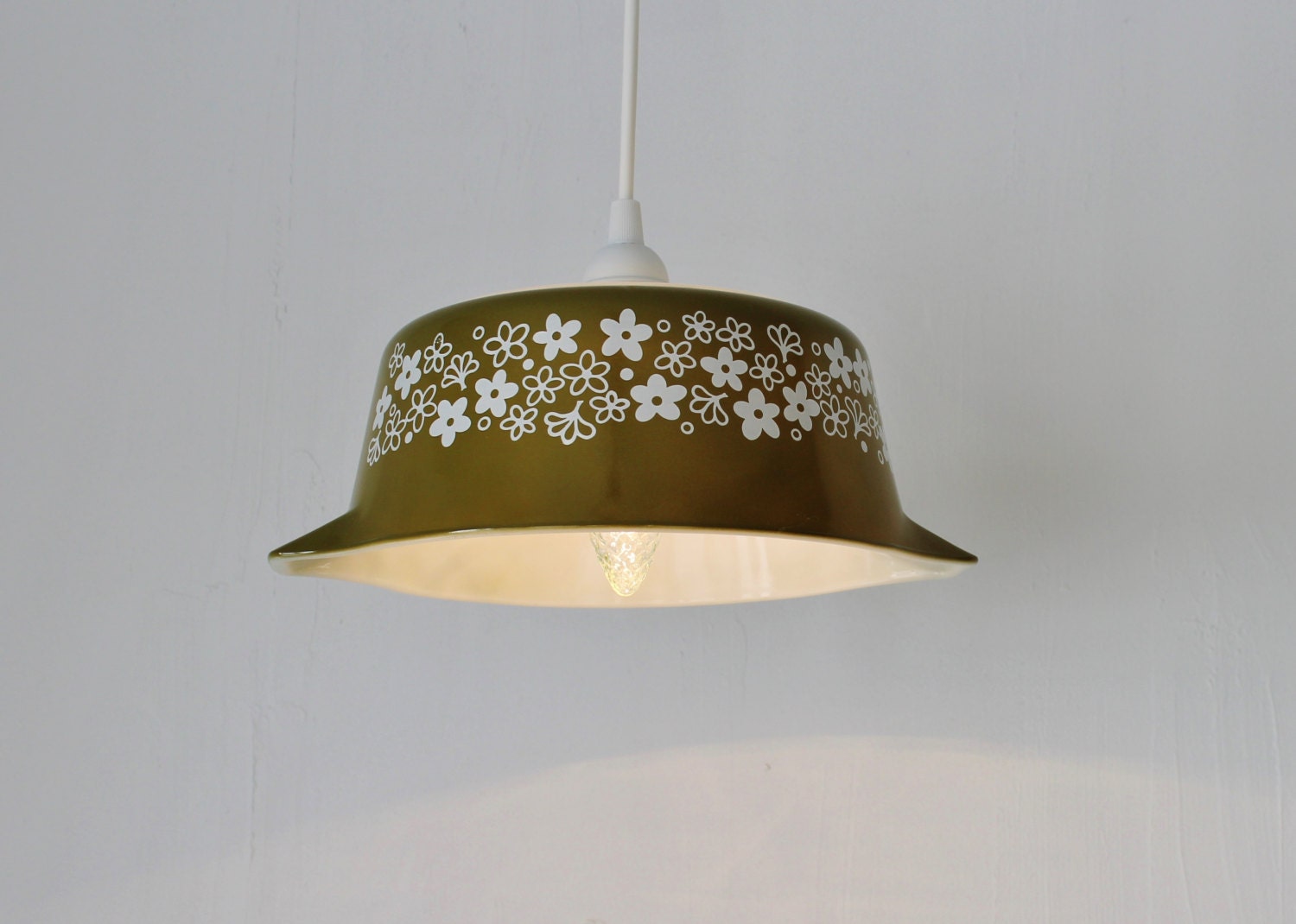 Spring Blossom PYREX Bowl Pendant Lamp - Upcycled Hanging Lighting Fixture made with a Vintage Casserole Dish - OOAK BootsNGus Lamps