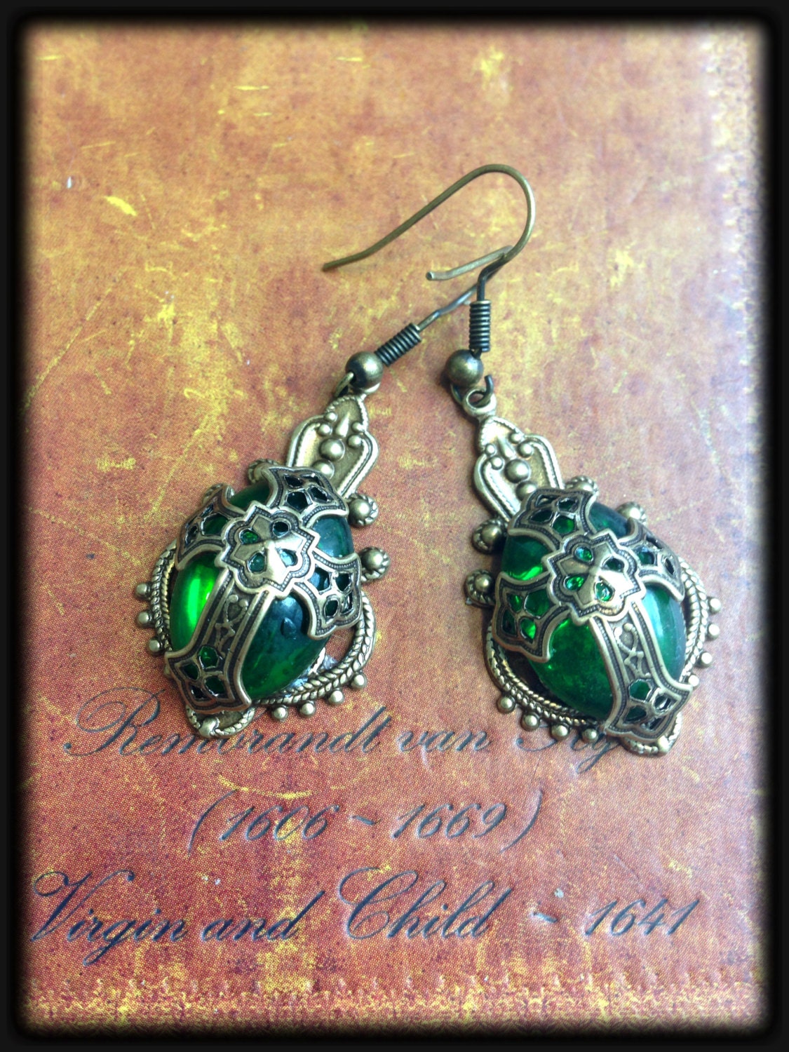 Emerald Green Medieval Cross Earrings