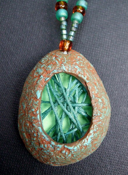 Beaded Necklace with Polymer Clay Pendant - Blue Sky Martini
