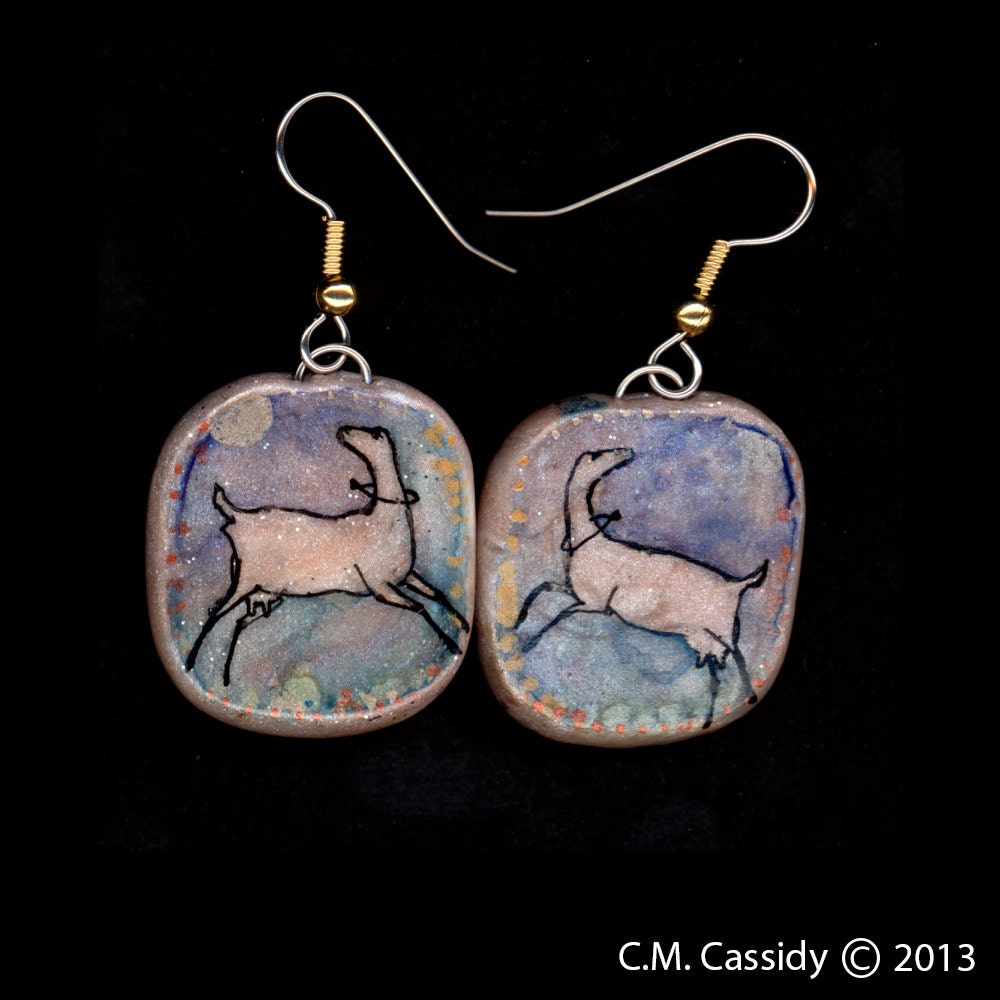 LaMancha  Dairy Goat Earrings. Violet Blue Green and Very Light Gold Original Ink Drawing on Polymer Clay 3106
