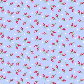 Pam Kitty Morning, Lakehouse, PAM KITTY LOVE, Rosebuds & Love in Cornflower Blue, 1/2 Yard