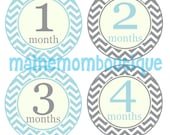 Monthly Baby Onesie Stickers Blue Gray Chevron Gender Neutral