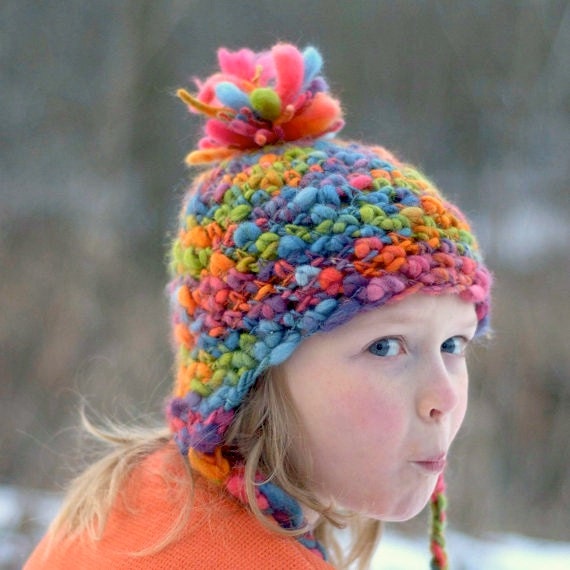 Chunky Crochet Earflap Hat - Kids Size - Hand Spun Yarn - Pom Pom Tassels - Rainbow - Hot Pink, Blue, Green, Orange - Spring Accessories