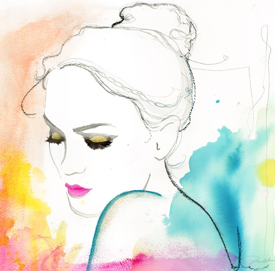 Print from original watercolor and mixed media fashion illustration by Jessica Durrant titled, Hope