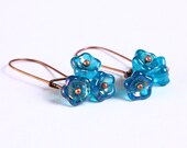 Handmade teal blue Czech bell flower floral dangle earrings (687) - Flat rate shipping