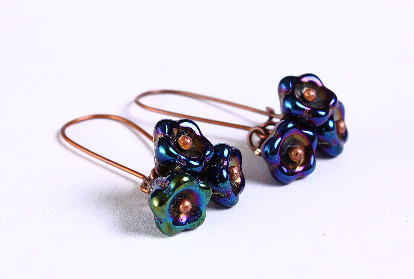 Handmade iris blue purple pink green Czech bell flower floral dangle earrings (689) - Flat rate shipping