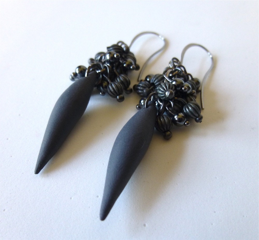 Dorian Gray Gunmetal Polymer Clay Spike and Cluster Earrings