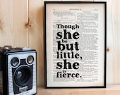 Inspirational Quote 'Though she be but little' Typographic Art on Vintage Shakespeare book page