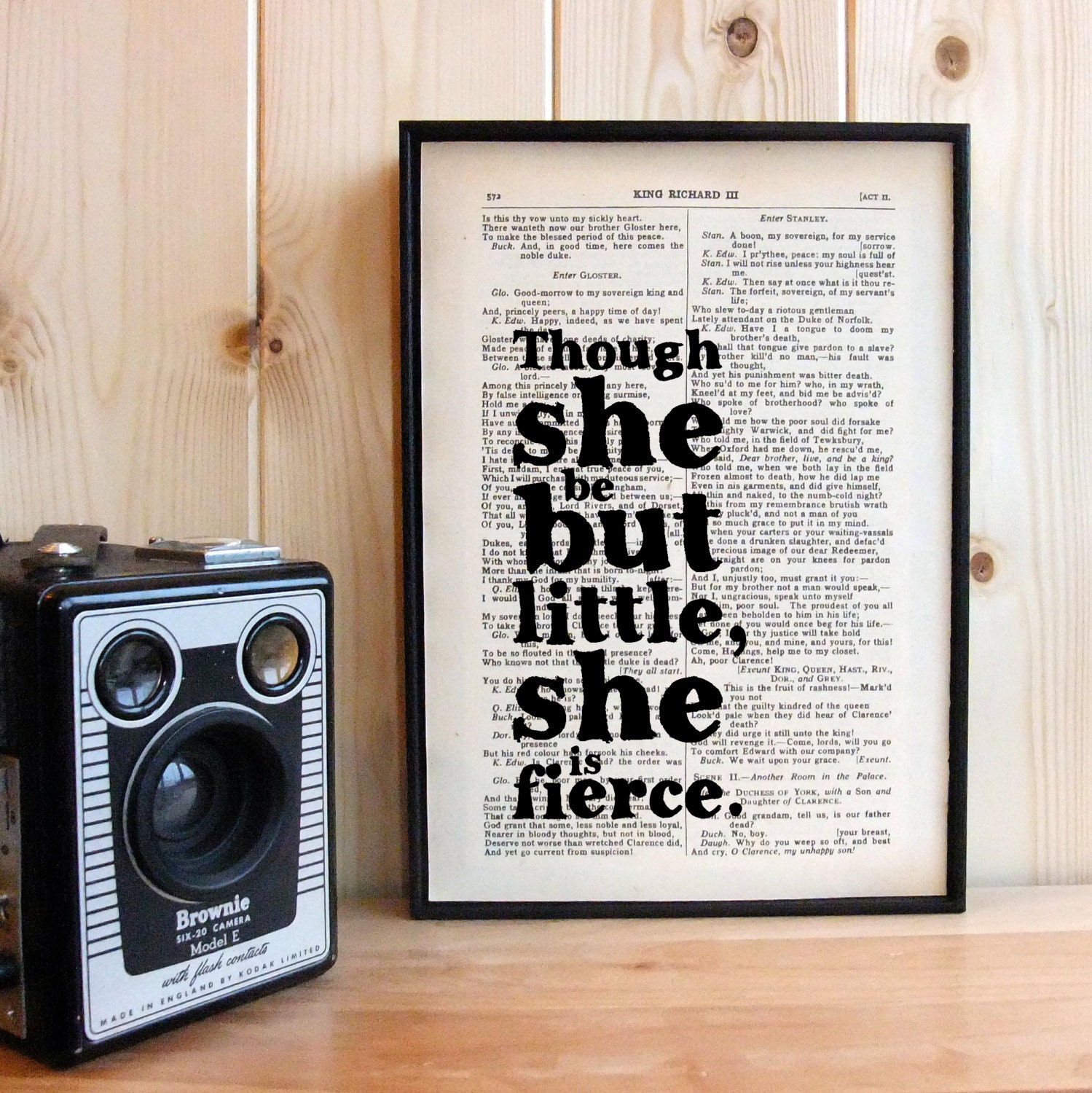 Inspirational Quote 'Though she be but little' Typographic Art on Vintage Shakespeare book page