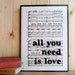 Beatles Lyrics Typographic Art Print on Framed Sheet Music "all you need is love"