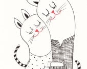 Hugs and Kisses / ORIGINAL ILLUSTRATION / ink drawing / Love / Cute cats