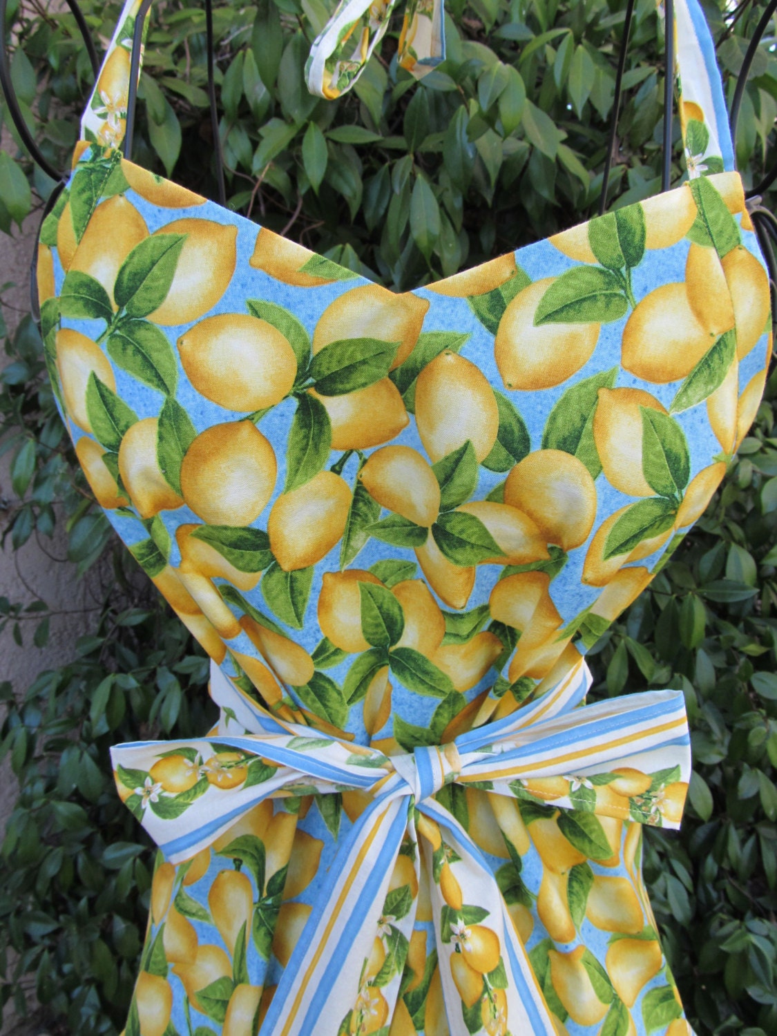 Handmade lemon printed apron with striped ruffle