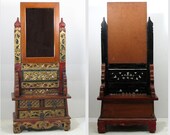 Antique Chinese Mahogany Polychrome Carved Chest with Mirror