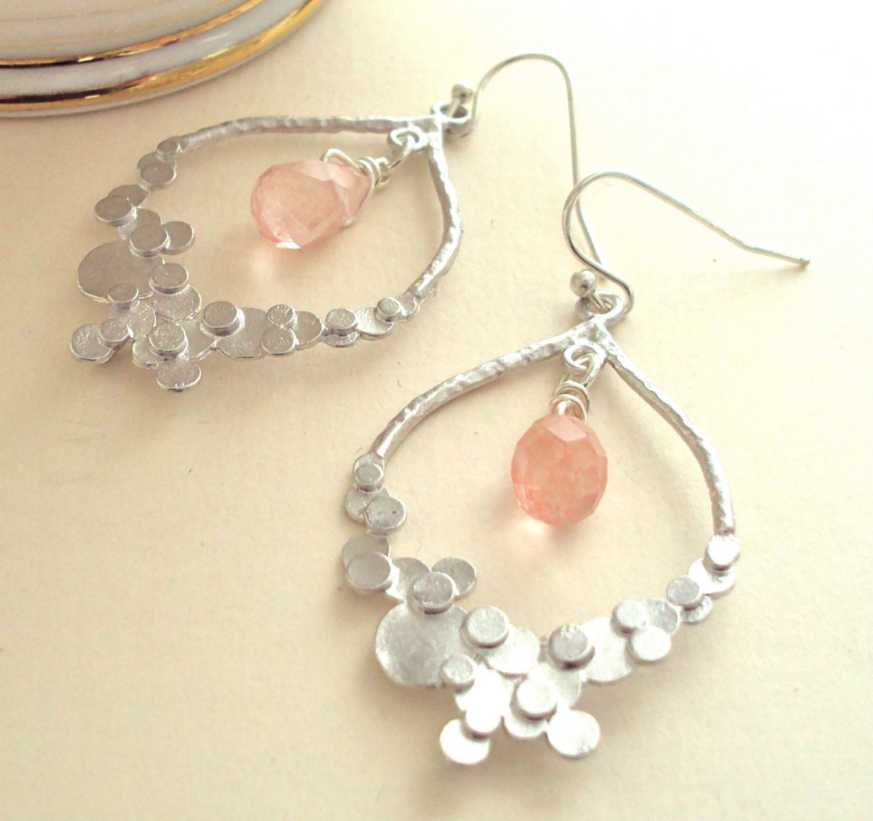 Coral Chandelier earrings with Silver Bubble Pattern & Coral Quartz